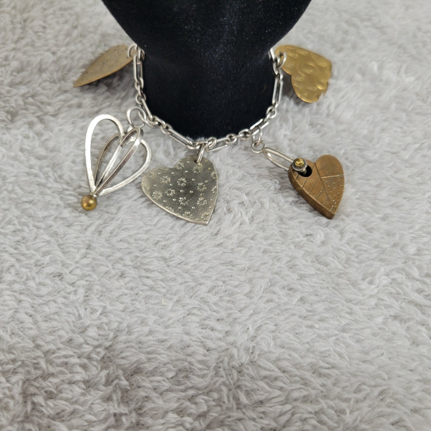 Artisan Mixed Metal Heart Charm Bracelet Sterling Silver Brass Multi-Charm B13E