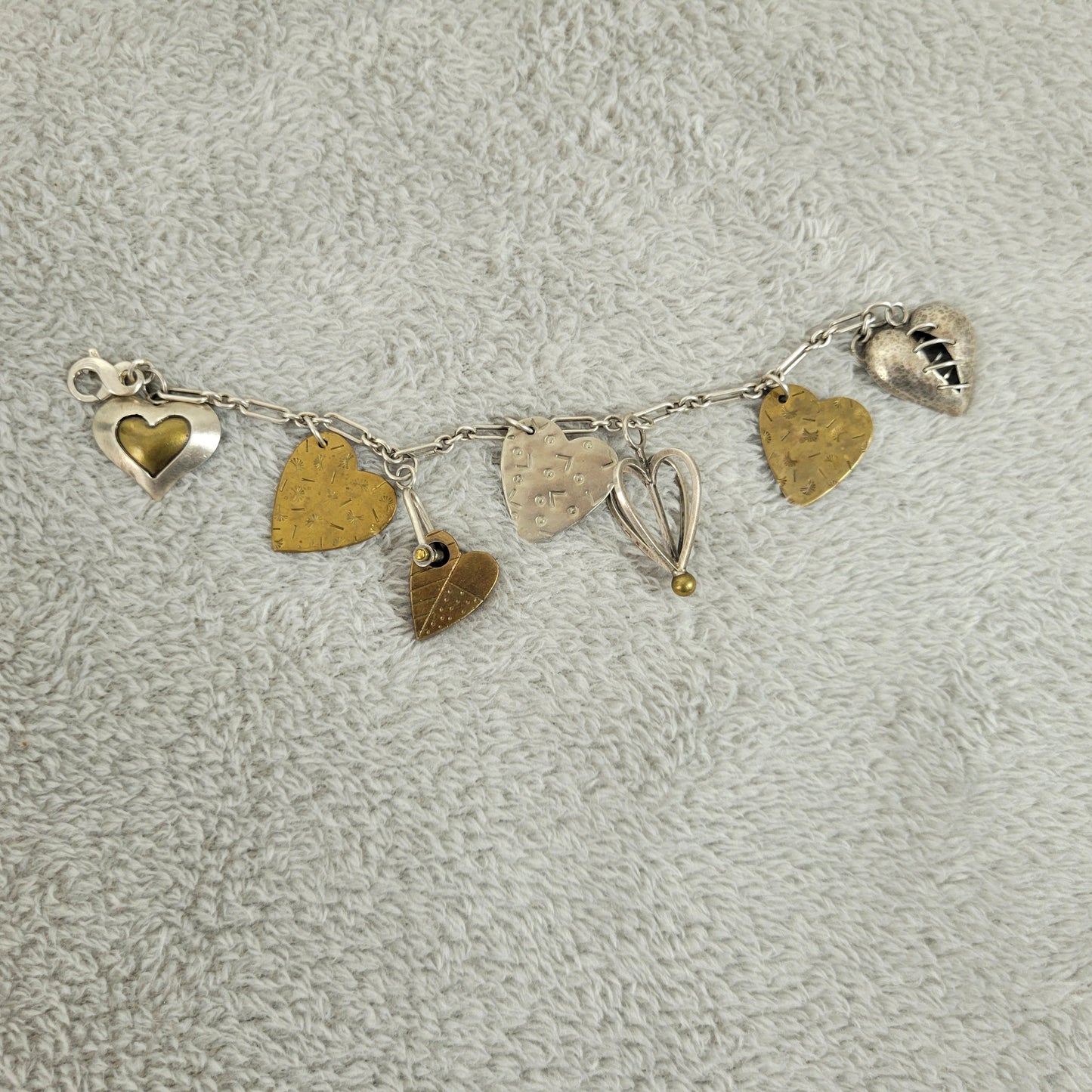 Artisan Mixed Metal Heart Charm Bracelet Sterling Silver Brass Multi-Charm B13E