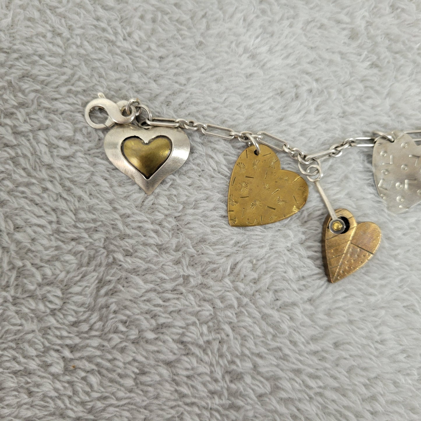 Artisan Mixed Metal Heart Charm Bracelet Sterling Silver Brass Multi-Charm B13E