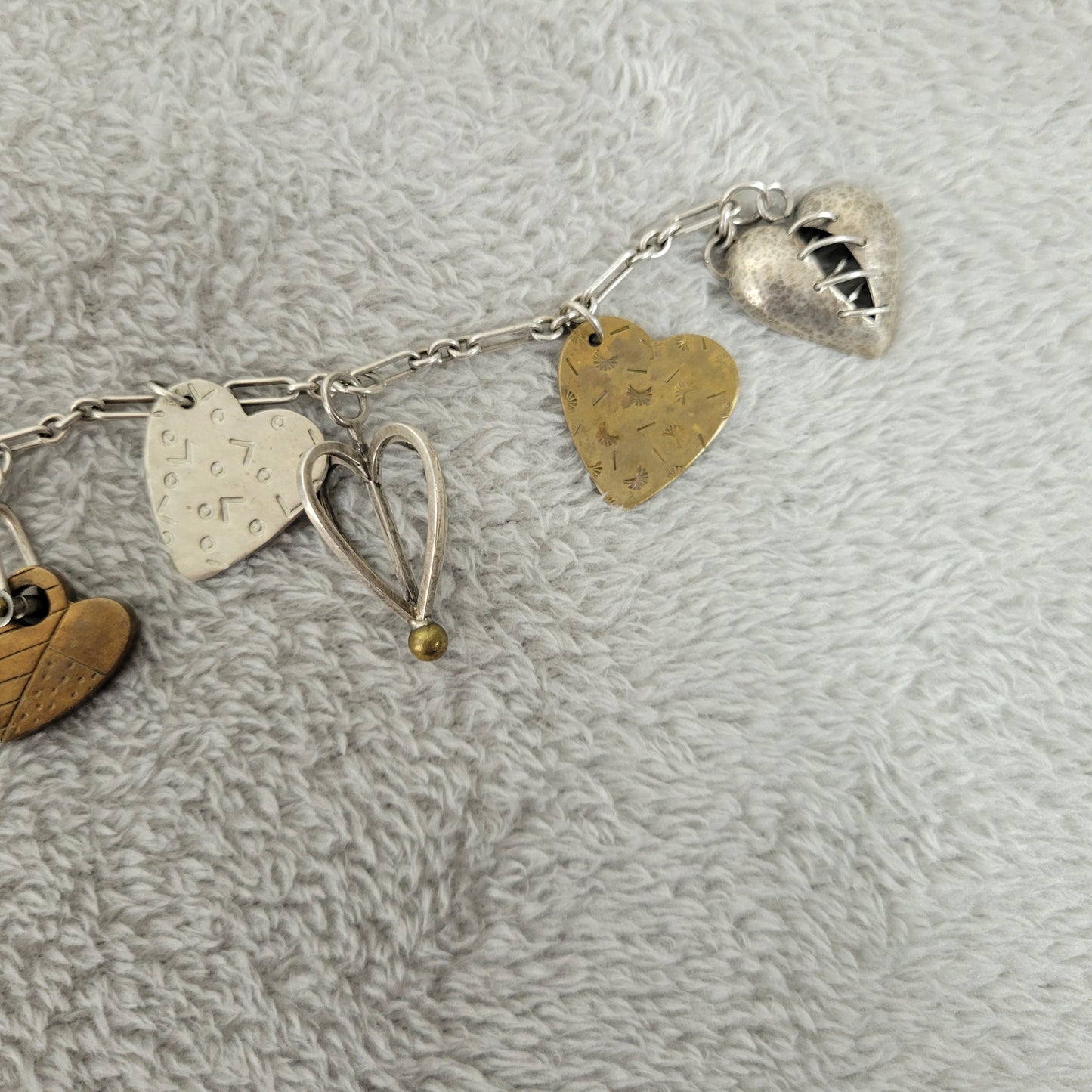 Artisan Mixed Metal Heart Charm Bracelet Sterling Silver Brass Multi-Charm B13E