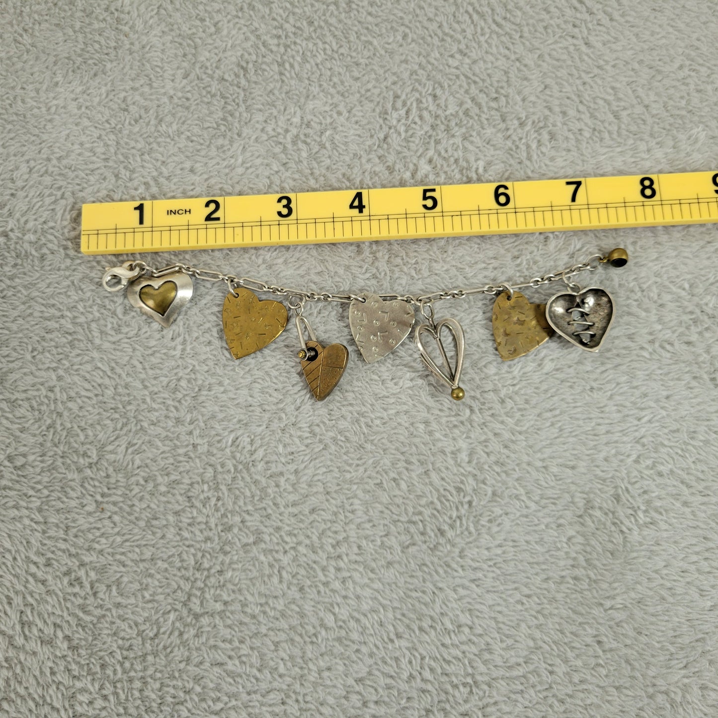 Artisan Mixed Metal Heart Charm Bracelet Sterling Silver Brass Multi-Charm B13E