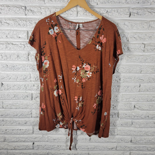 Cato Est 1946 Women Plus 18W 20W Brown Floral Front Tie V-Neck Tee FLO196E