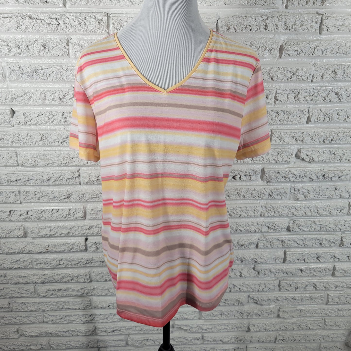 Chicos XL Tee Shirt Pink Yellow Stripe V-Neck Casual Short Sleeve STR208E