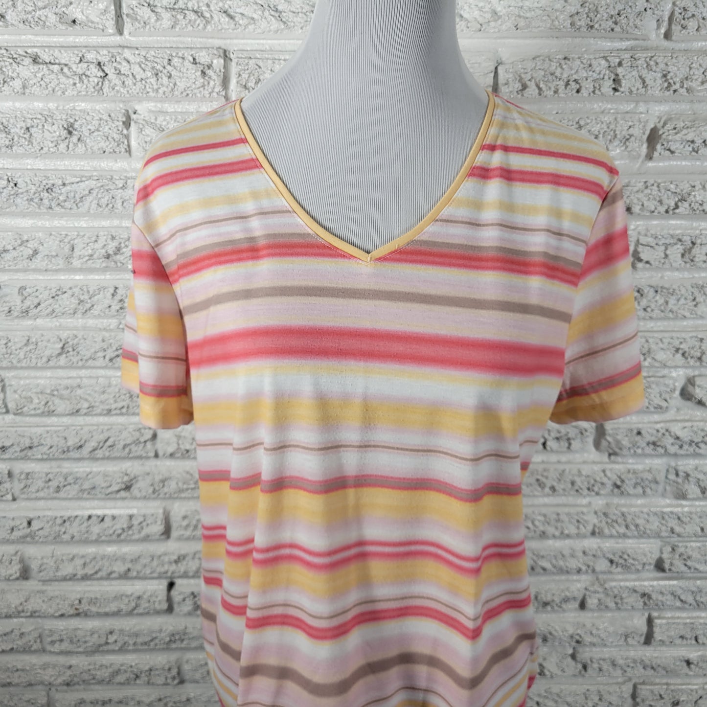 Chicos XL Tee Shirt Pink Yellow Stripe V-Neck Casual Short Sleeve STR208E
