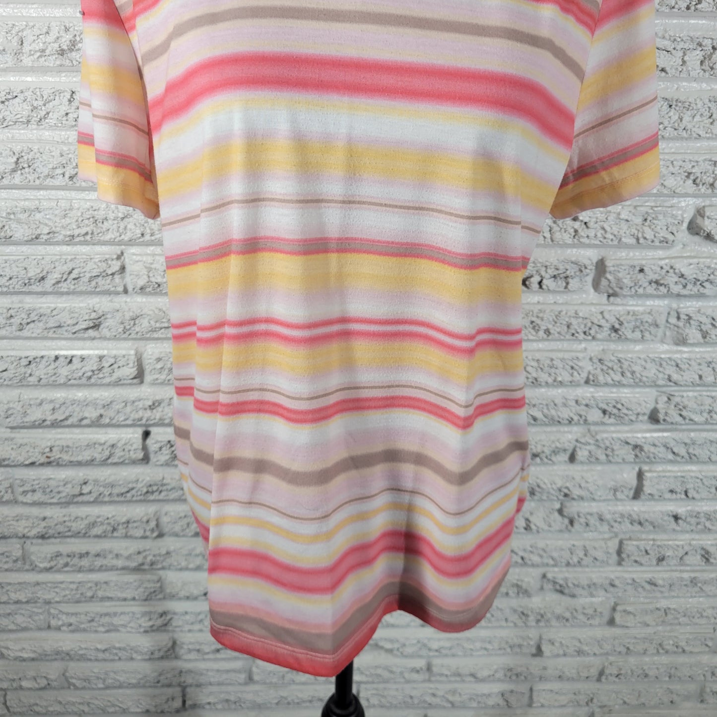 Chicos XL Tee Shirt Pink Yellow Stripe V-Neck Casual Short Sleeve STR208E
