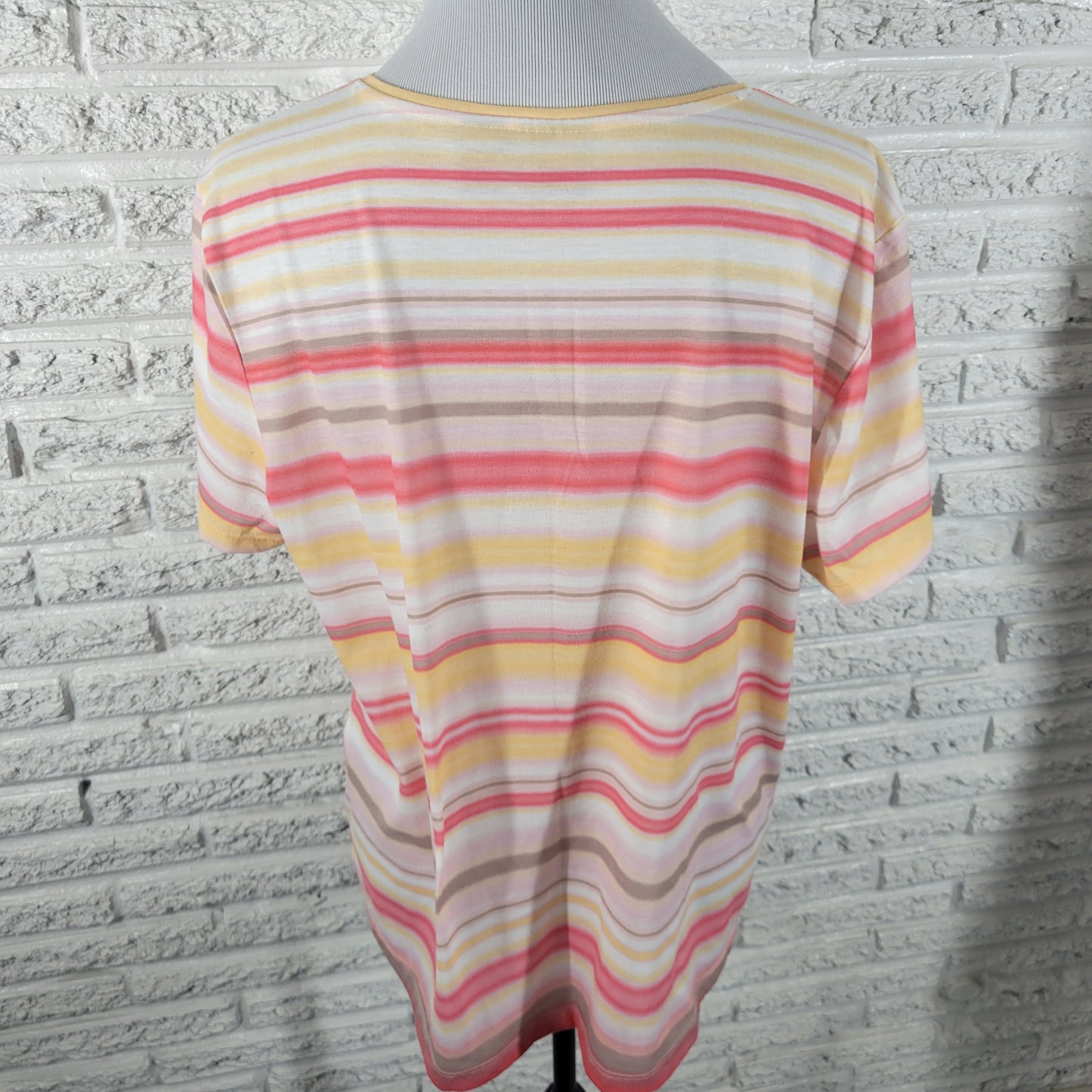 Chicos XL Tee Shirt Pink Yellow Stripe V-Neck Casual Short Sleeve STR208E