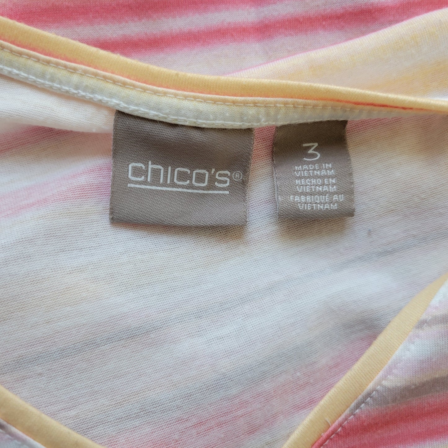 Chicos XL Tee Shirt Pink Yellow Stripe V-Neck Casual Short Sleeve STR208E