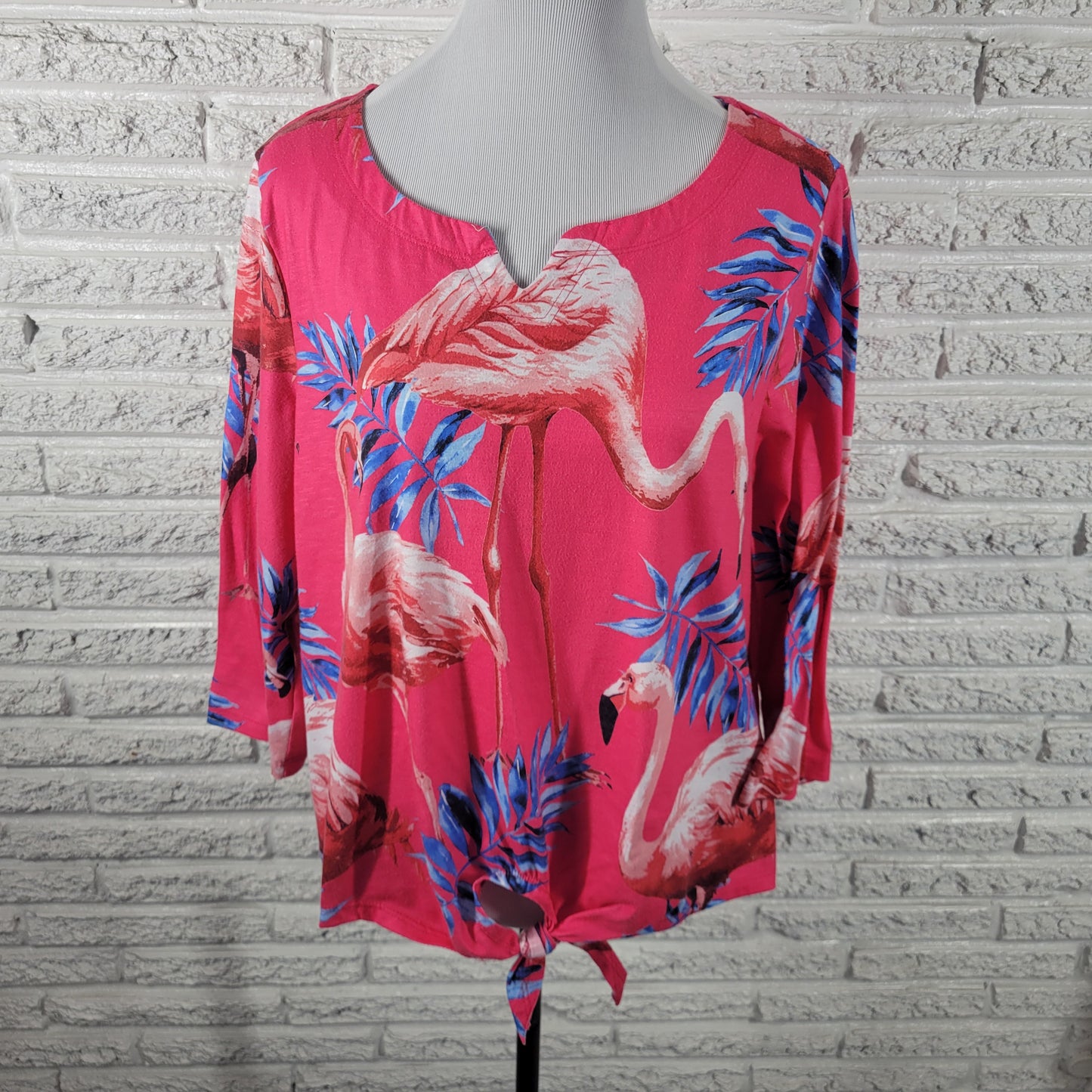 Onque Woman XL Blouse Pink Flamingo Tropical V-Neck 3/4 Sleeve Front Tie FLO18E