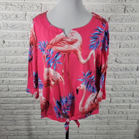 Onque Woman XL Blouse Pink Flamingo Tropical V-Neck 3/4 Sleeve Front Tie FLO18E