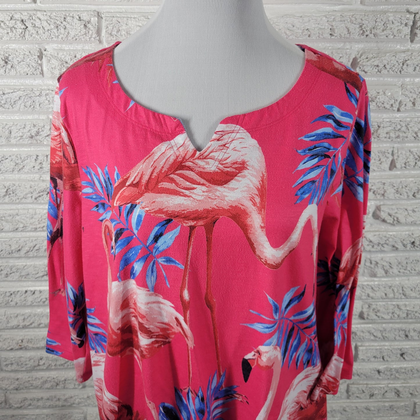 Onque Woman XL Blouse Pink Flamingo Tropical V-Neck 3/4 Sleeve Front Tie FLO18E
