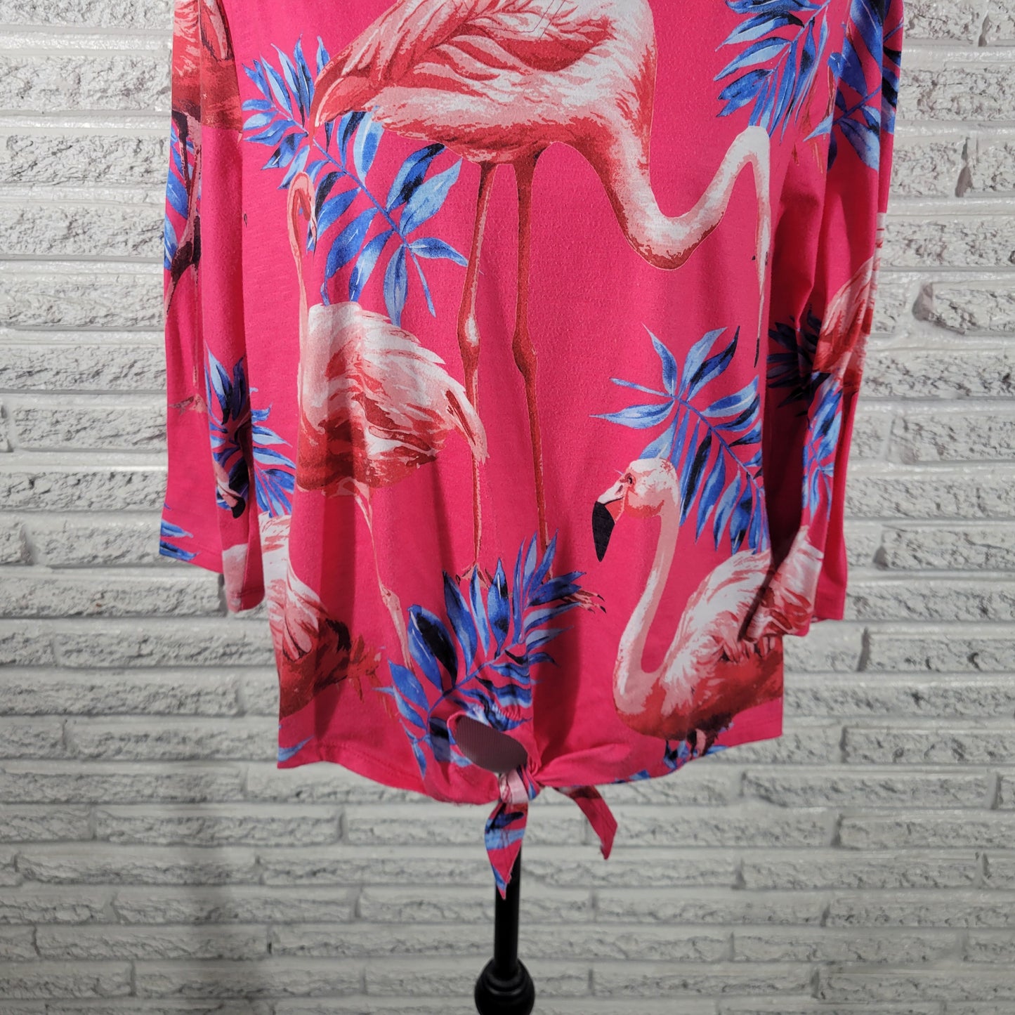 Onque Woman XL Blouse Pink Flamingo Tropical V-Neck 3/4 Sleeve Front Tie FLO18E