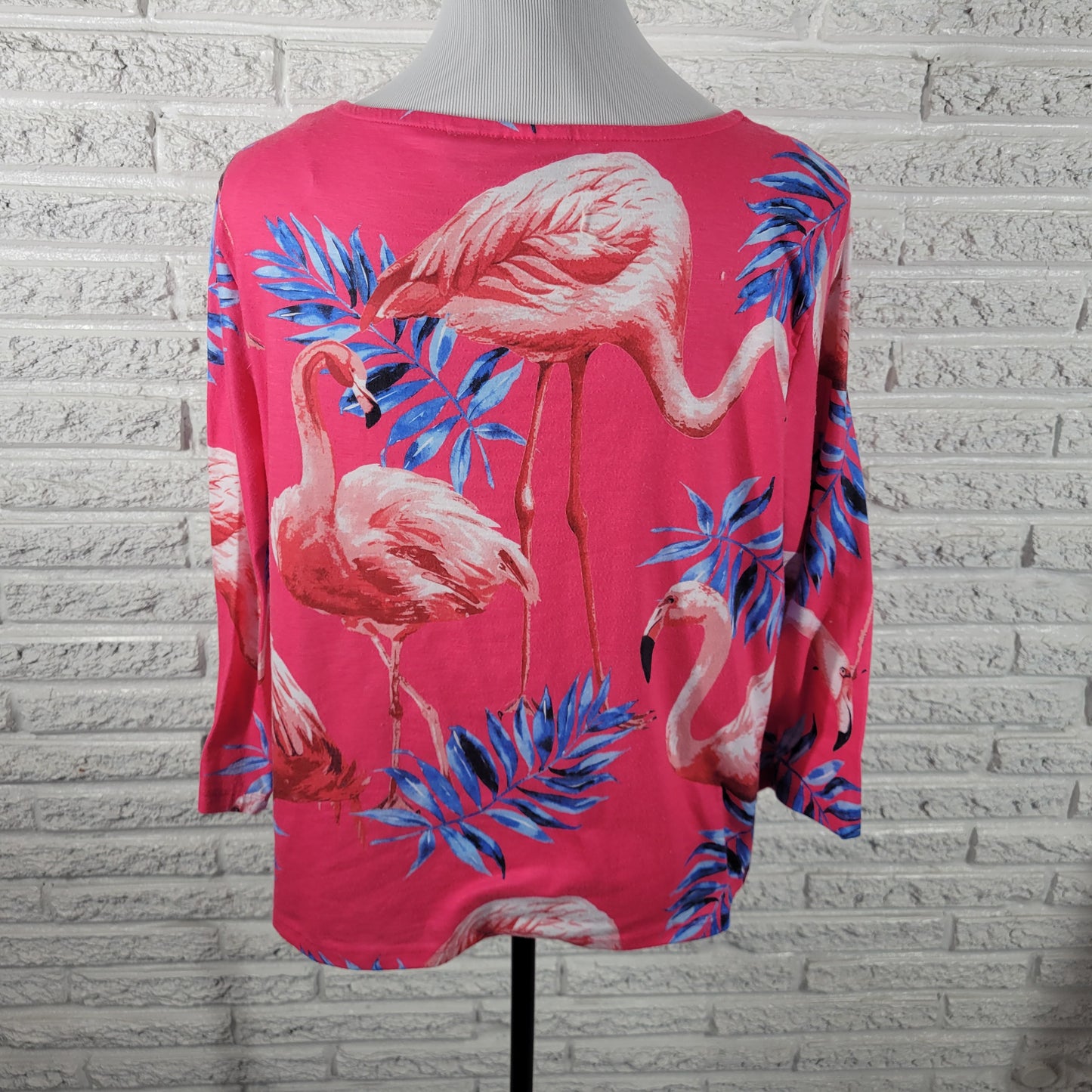 Onque Woman XL Blouse Pink Flamingo Tropical V-Neck 3/4 Sleeve Front Tie FLO18E
