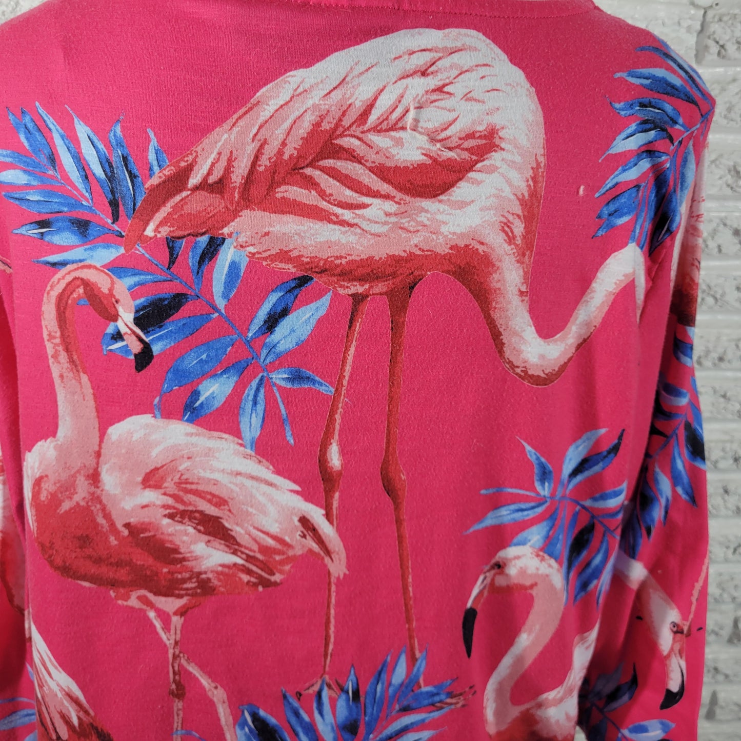 Onque Woman XL Blouse Pink Flamingo Tropical V-Neck 3/4 Sleeve Front Tie FLO18E