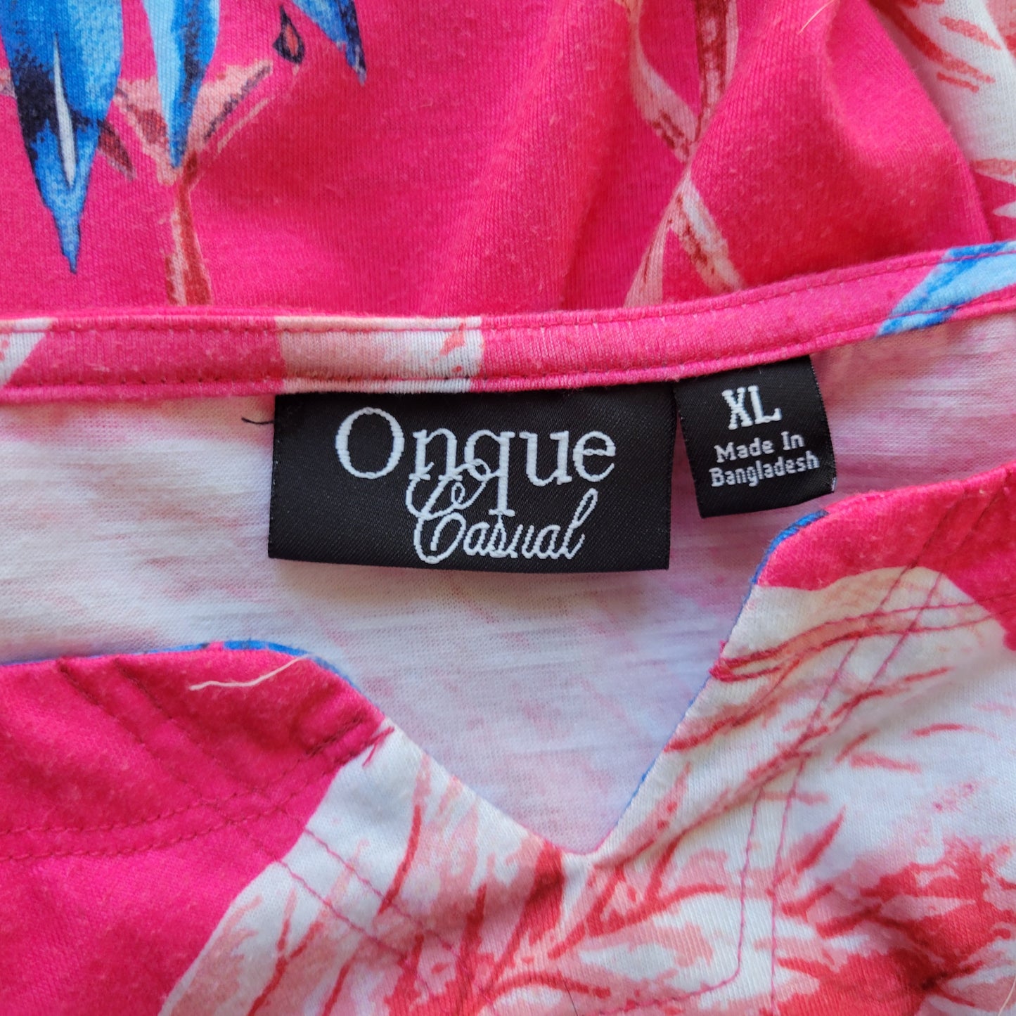 Onque Woman XL Blouse Pink Flamingo Tropical V-Neck 3/4 Sleeve Front Tie FLO18E