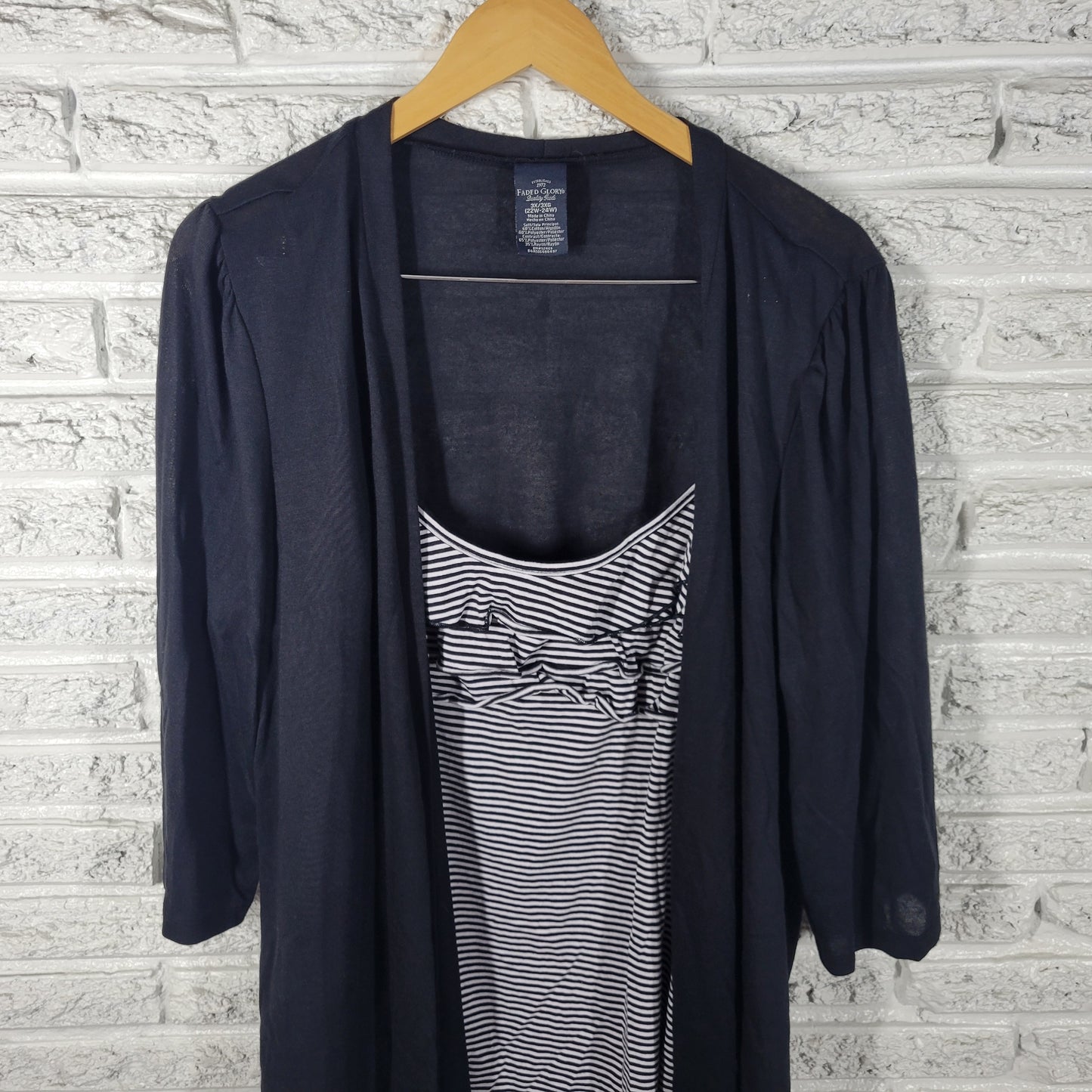 Faded Glory Womens 3X Plus Size Black Striped Twofer Top Ruffle Camisole BLA175E