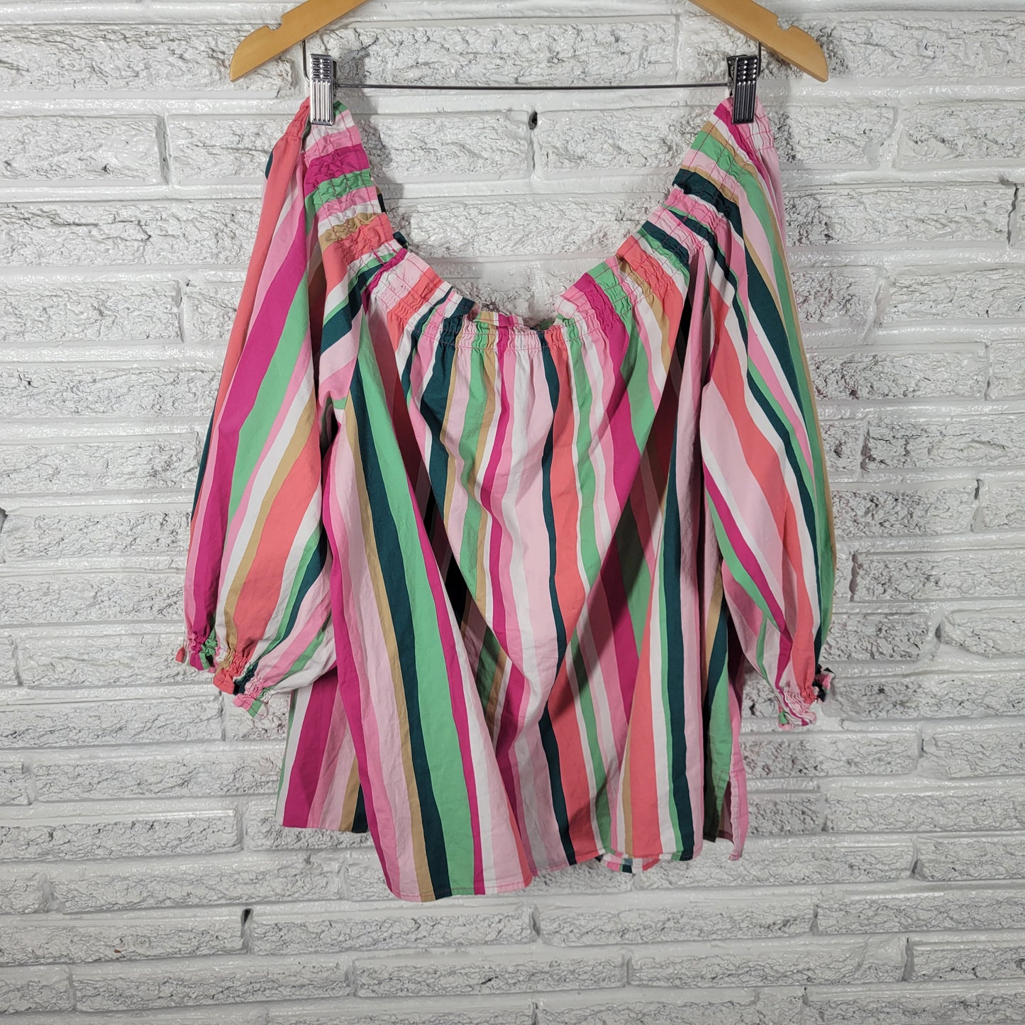 Lane Bryant Plus Size 22/24 Striped Peasant Blouse Puff Sleeve Ruffle STR175XE