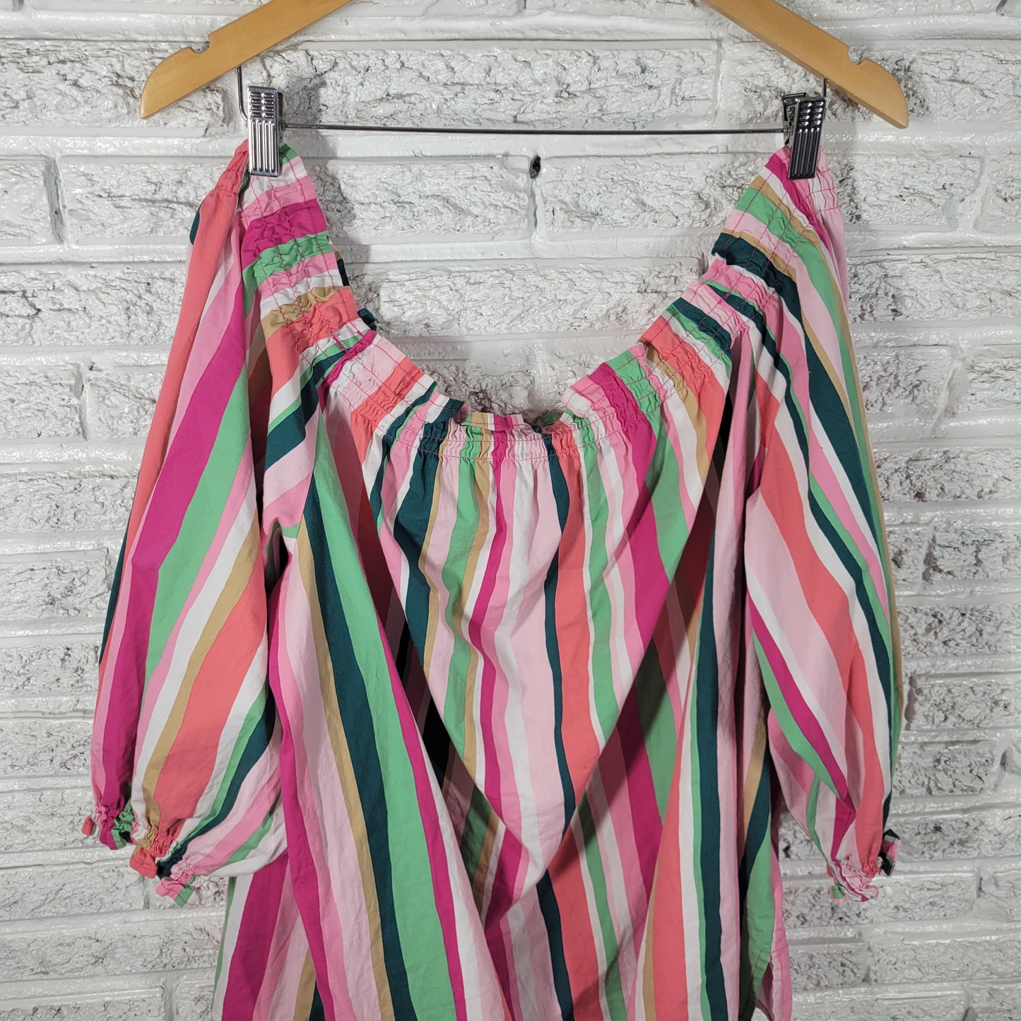 Lane Bryant Plus Size 22/24 Striped Peasant Blouse Puff Sleeve Ruffle STR175XE