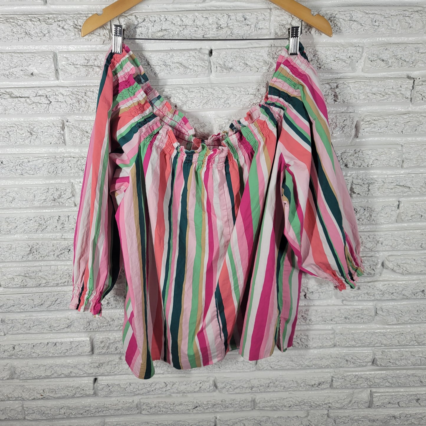 Lane Bryant Plus Size 22/24 Striped Peasant Blouse Puff Sleeve Ruffle STR175XE