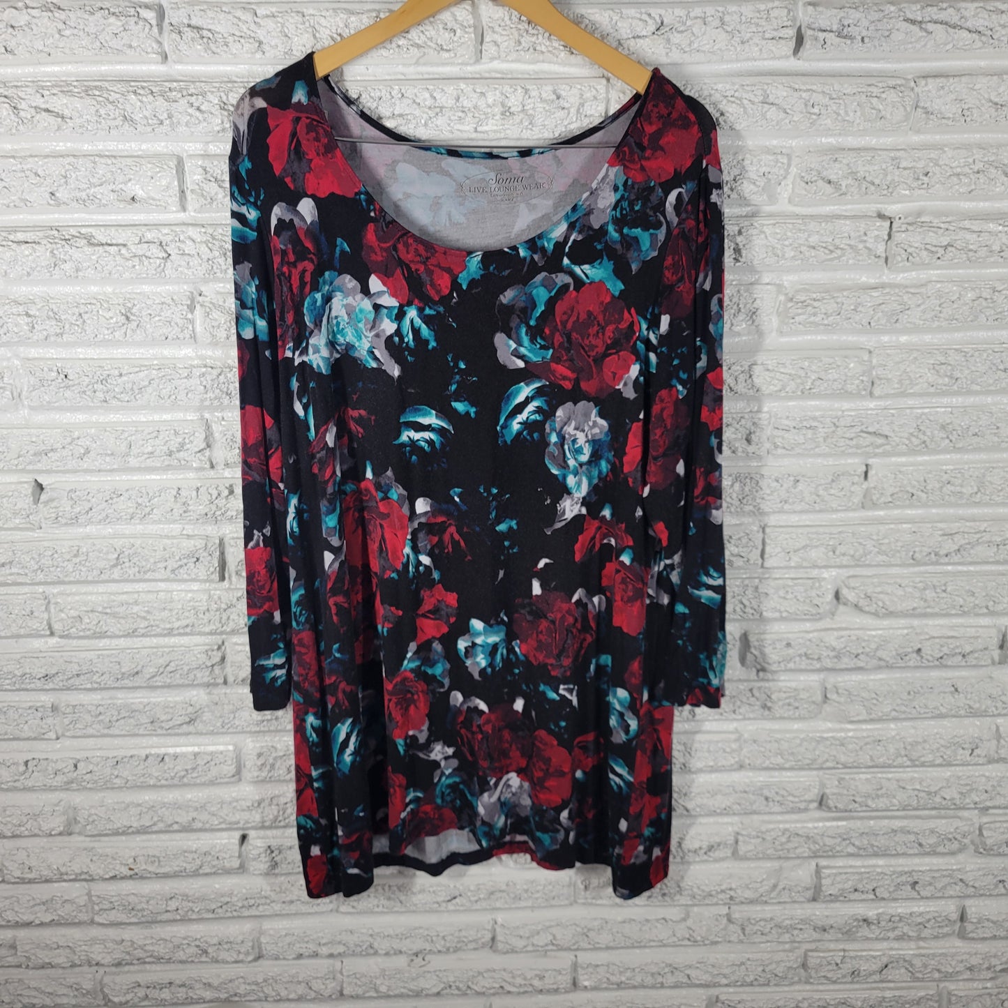 Soma Womens XL Pajama Top Nightgown Long Sleeve Rayon Spandex Floral Rose FLO80E