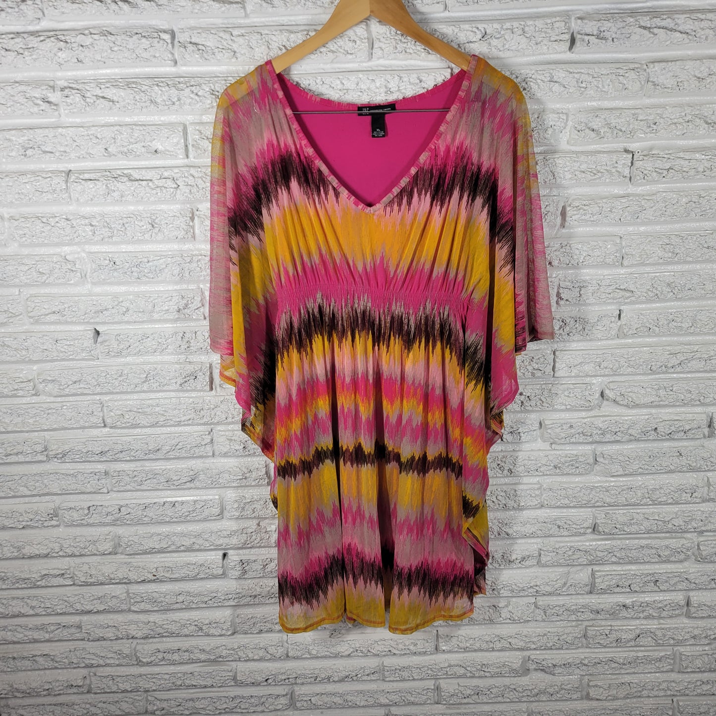 INC International Concepts Women XL Mini Dress Pink Yellow Batwing GEO43E