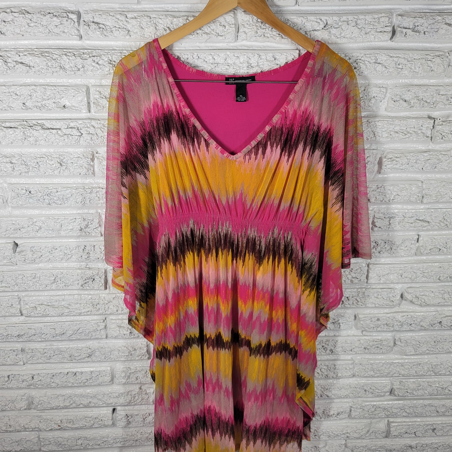 INC International Concepts Women XL Mini Dress Pink Yellow Batwing GEO43E