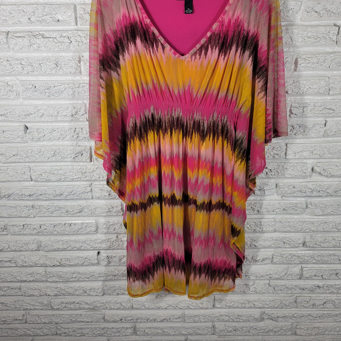 INC International Concepts Women XL Mini Dress Pink Yellow Batwing GEO43E