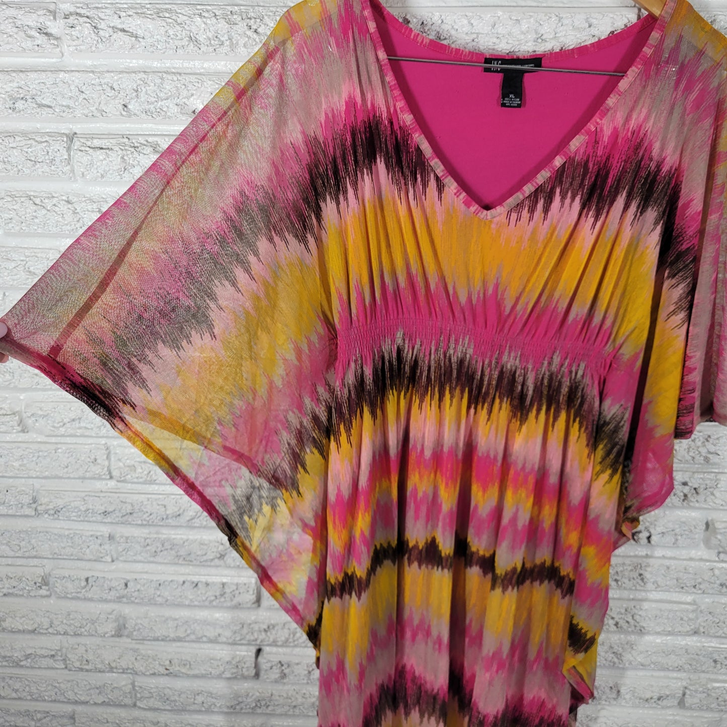 INC International Concepts Women XL Mini Dress Pink Yellow Batwing GEO43E