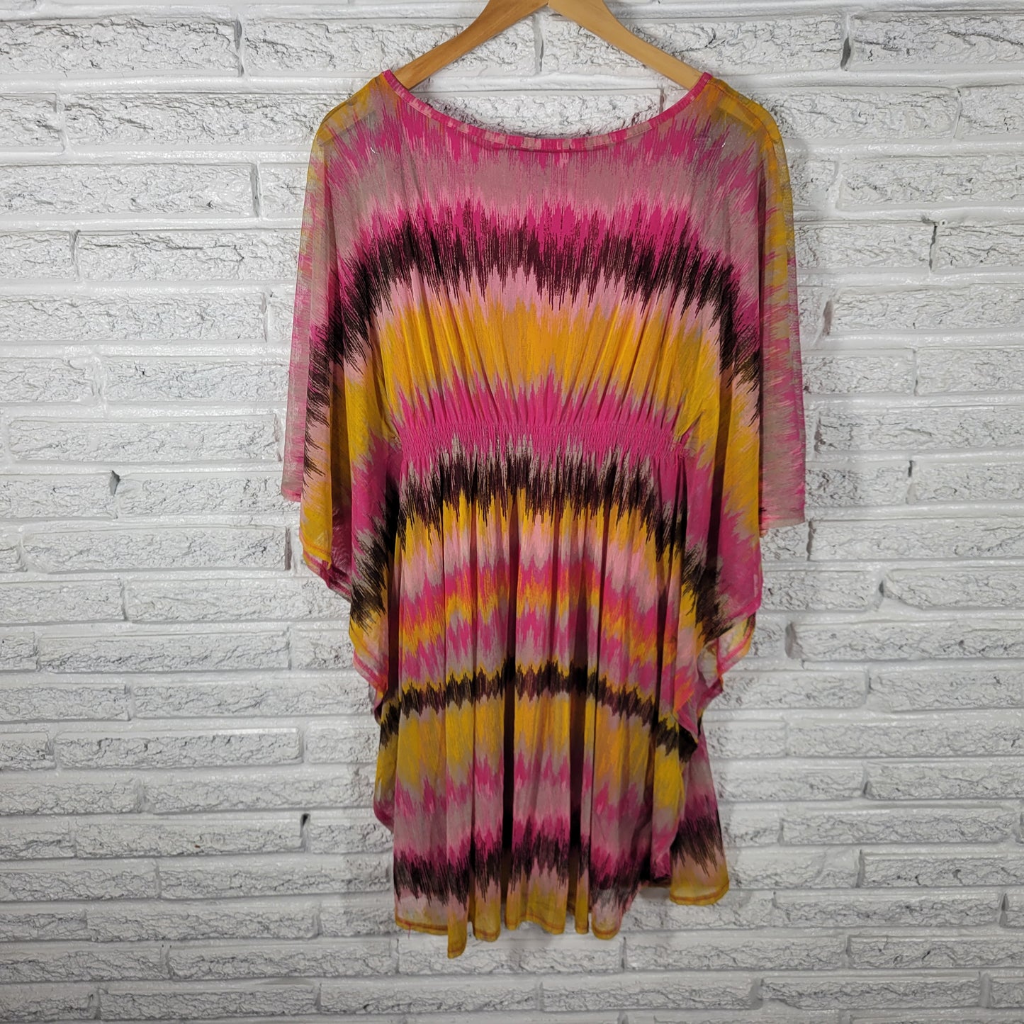 INC International Concepts Women XL Mini Dress Pink Yellow Batwing GEO43E