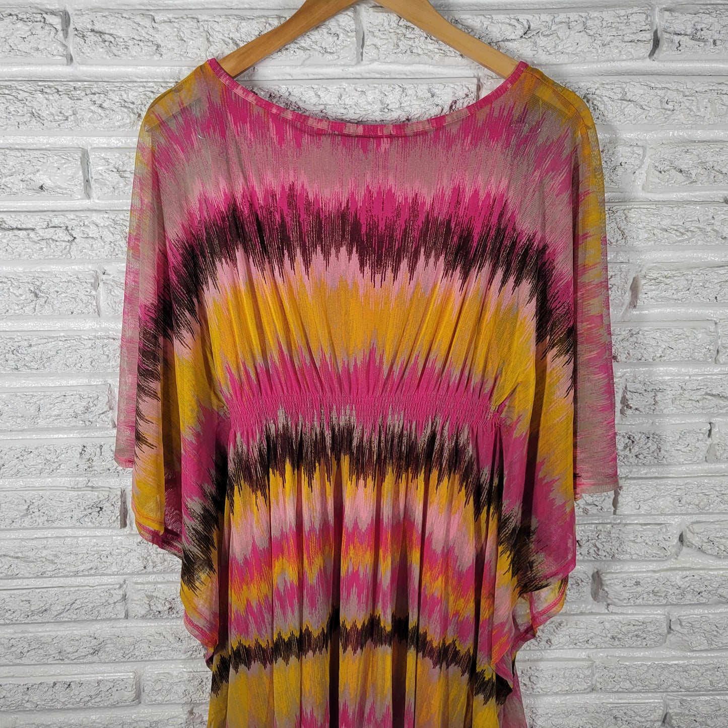 INC International Concepts Women XL Mini Dress Pink Yellow Batwing GEO43E