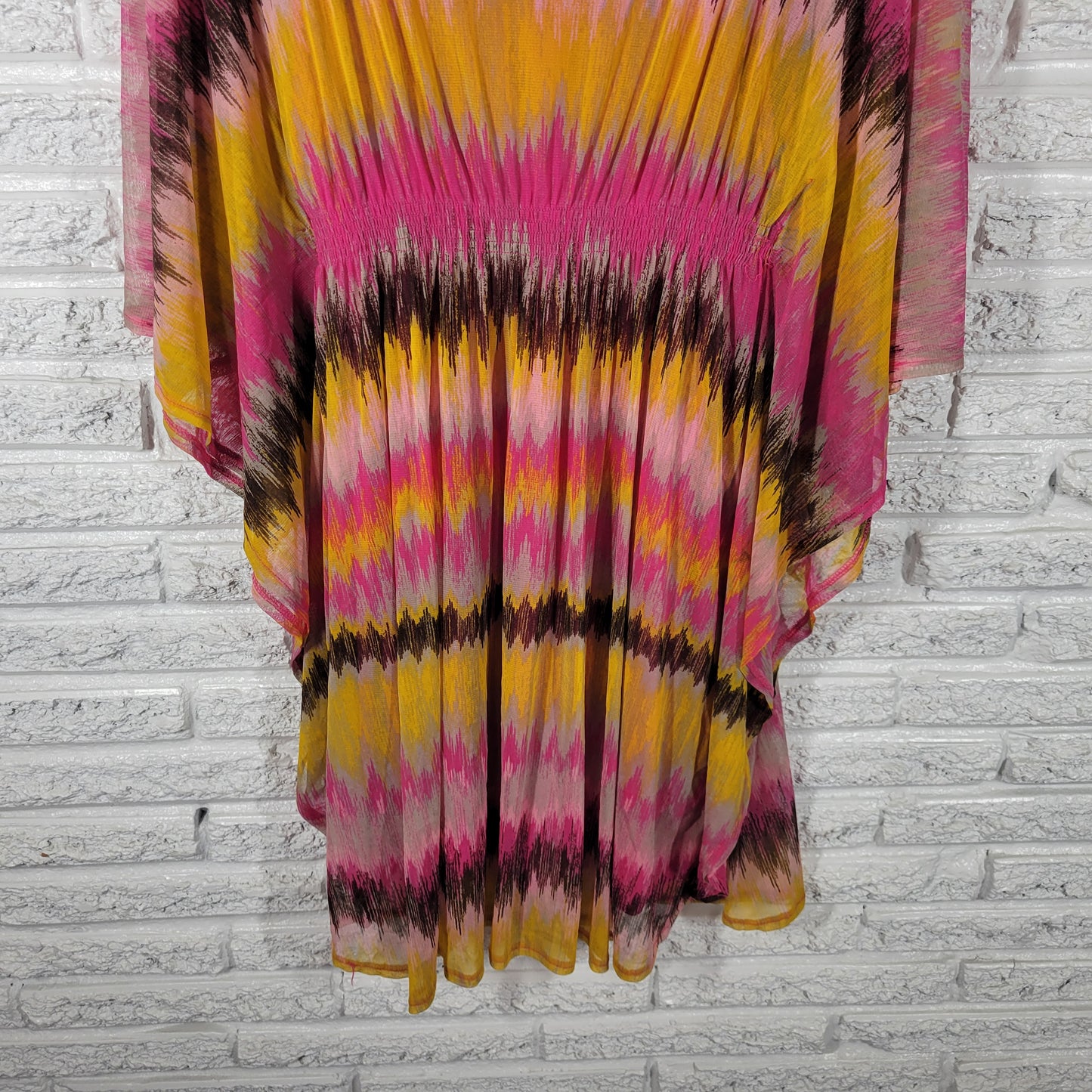 INC International Concepts Women XL Mini Dress Pink Yellow Batwing GEO43E