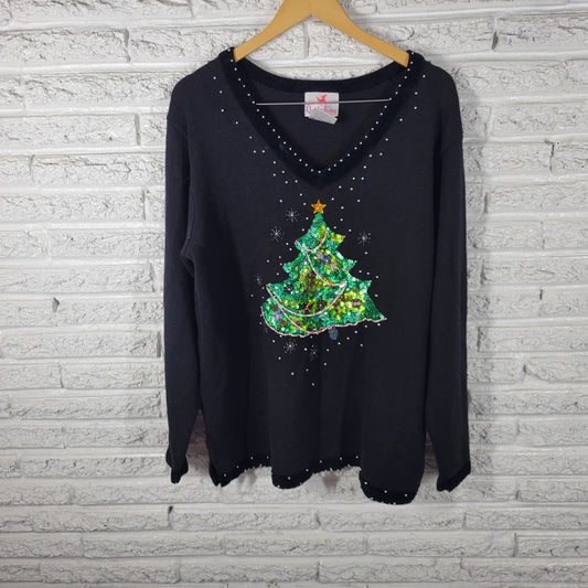 Quacker Factory Womens XL Christmas Sweater Black Sequin Beaded Pullover SWE97E