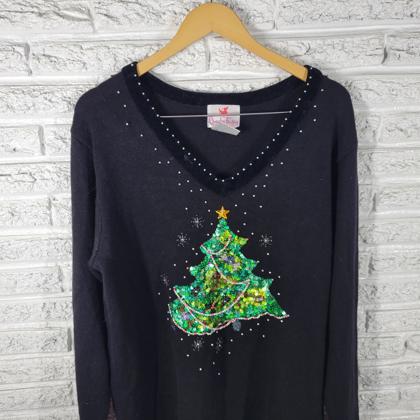 Quacker Factory Womens XL Christmas Sweater Black Sequin Beaded Pullover SWE97E