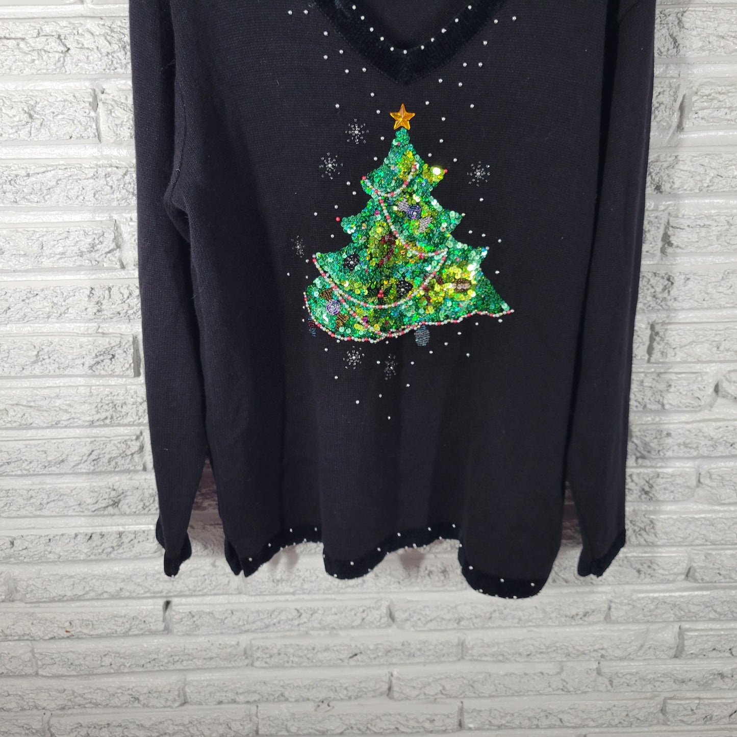 Quacker Factory Womens XL Christmas Sweater Black Sequin Beaded Pullover SWE97E