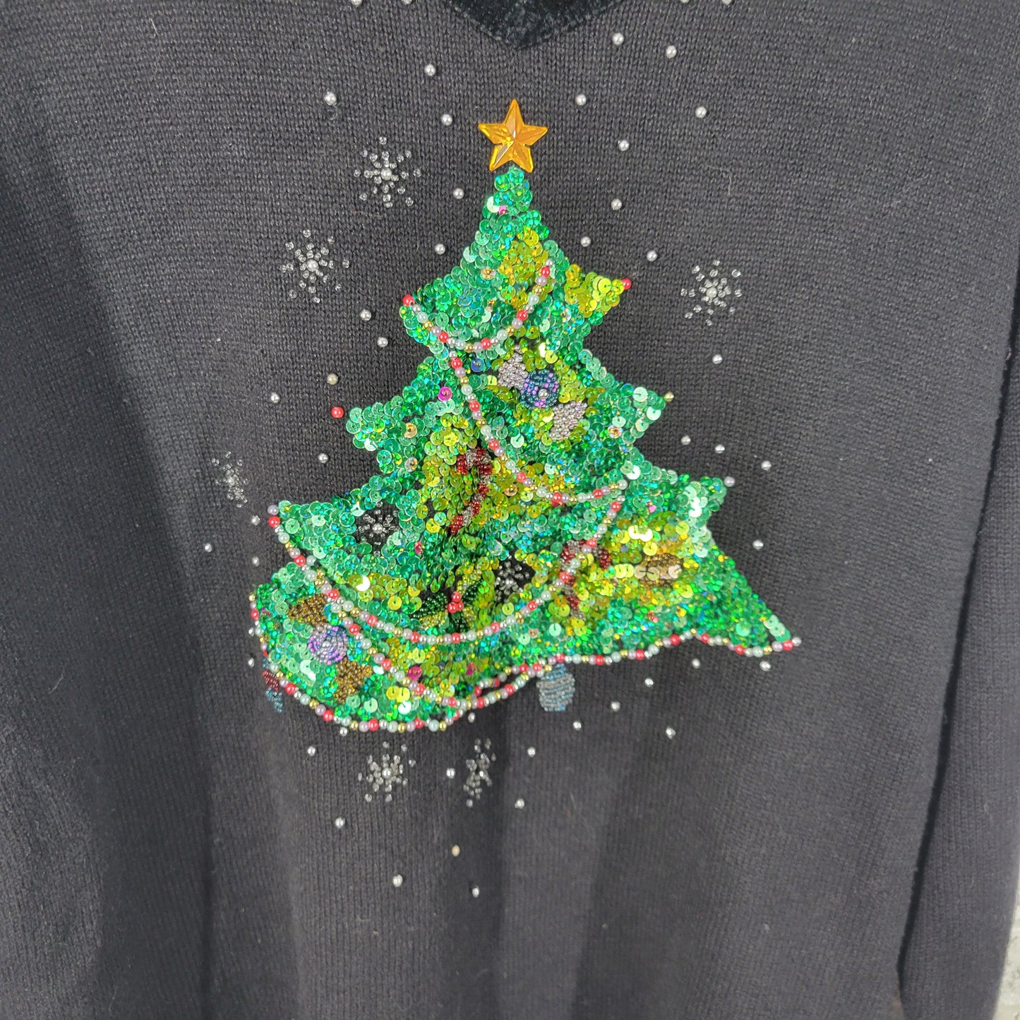 Quacker Factory Womens XL Christmas Sweater Black Sequin Beaded Pullover SWE97E