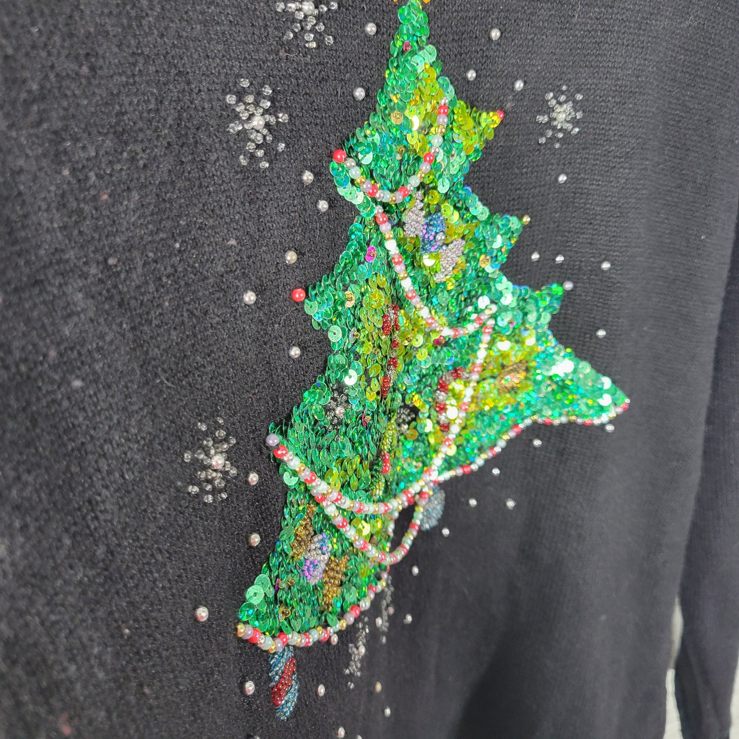 Quacker Factory Womens XL Christmas Sweater Black Sequin Beaded Pullover SWE97E