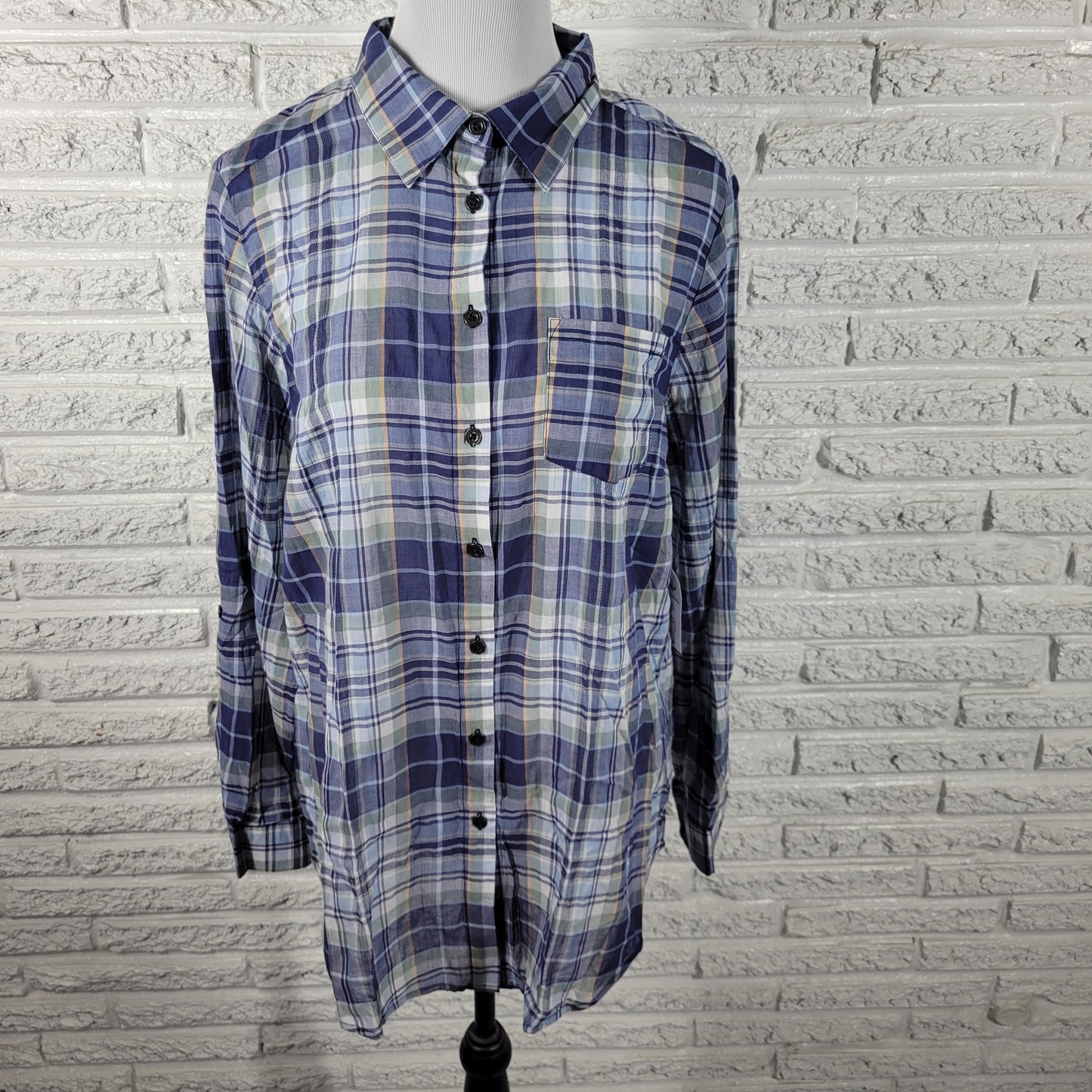 Westport Womens 1X Plus Size Button Up Shirt Blue Plaid Roll Tab Sleeve PLA64E