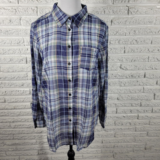 Westport Womens 1X Plus Size Button Up Shirt Blue Plaid Roll Tab Sleeve PLA64E