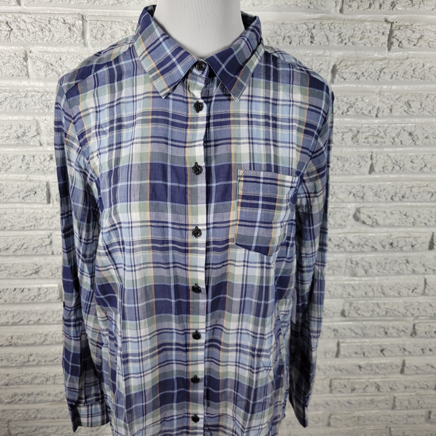 Westport Womens 1X Plus Size Button Up Shirt Blue Plaid Roll Tab Sleeve PLA64E