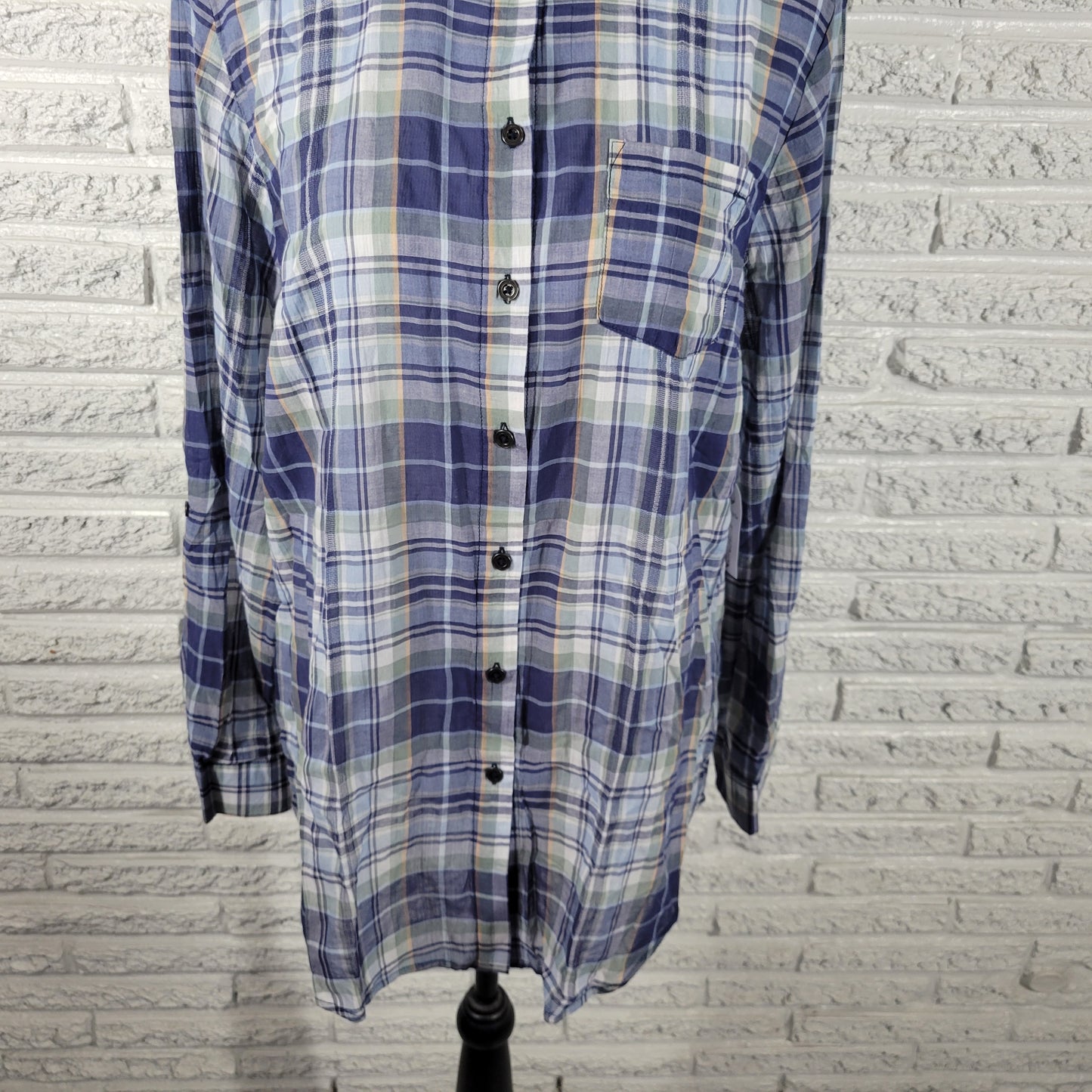 Westport Womens 1X Plus Size Button Up Shirt Blue Plaid Roll Tab Sleeve PLA64E