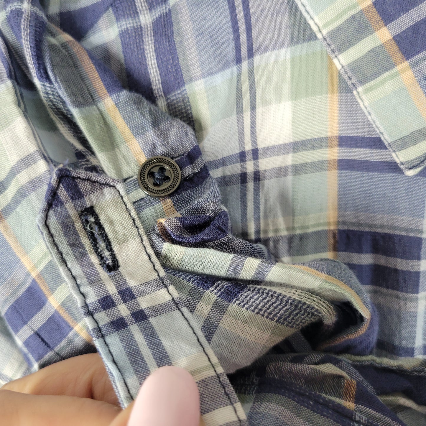 Westport Womens 1X Plus Size Button Up Shirt Blue Plaid Roll Tab Sleeve PLA64E