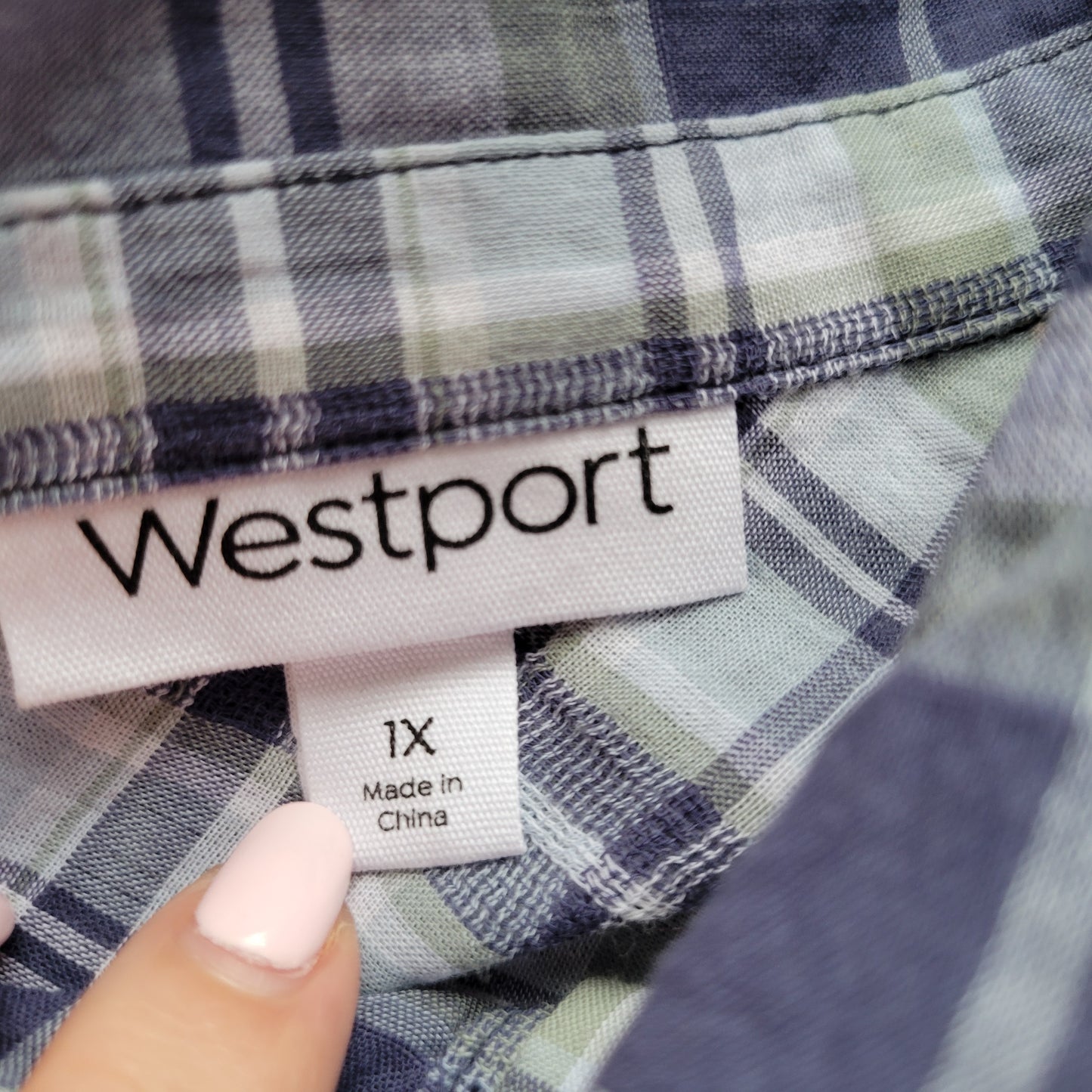 Westport Womens 1X Plus Size Button Up Shirt Blue Plaid Roll Tab Sleeve PLA64E