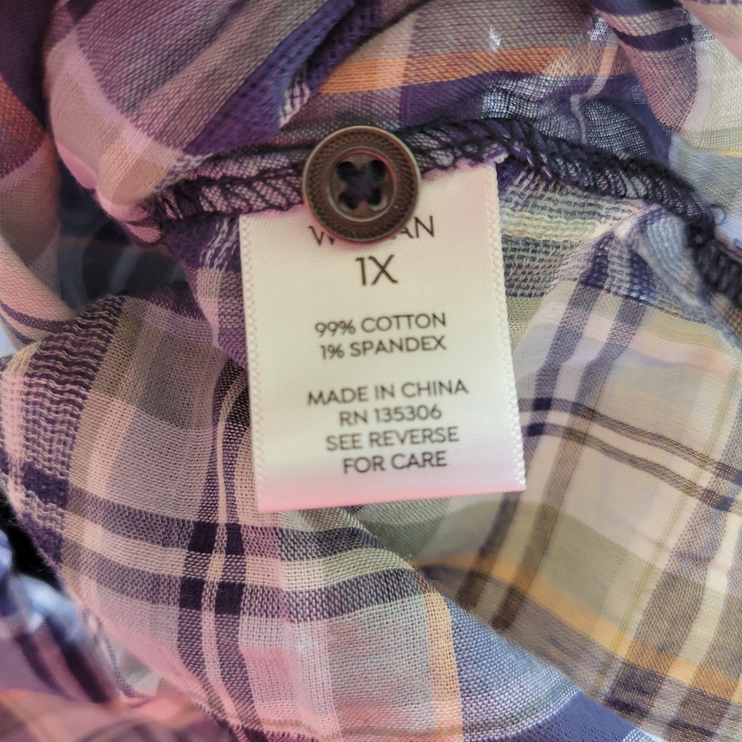 Westport Womens 1X Plus Size Button Up Shirt Blue Plaid Roll Tab Sleeve PLA64E