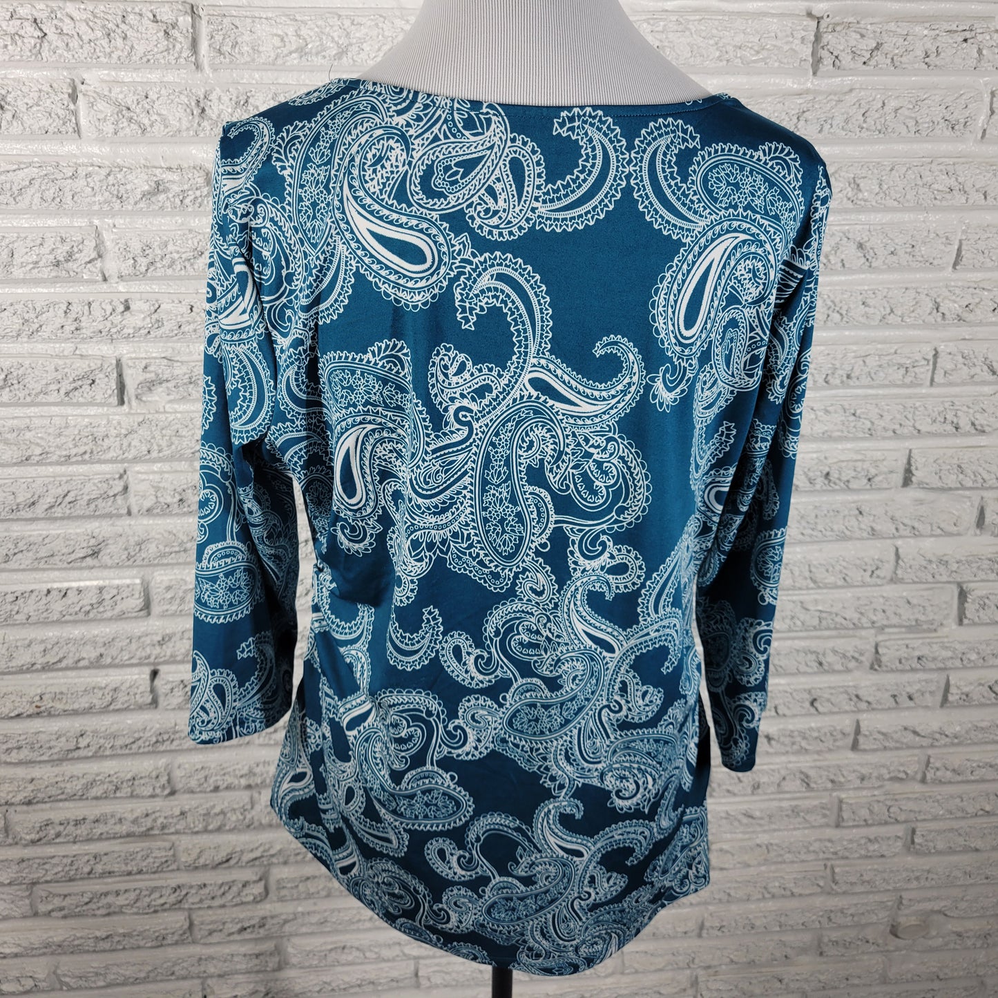 New York & Co Womens XL Paisley Blouse Top 3/4 Sleeve Blue White V-Neck PAI56E