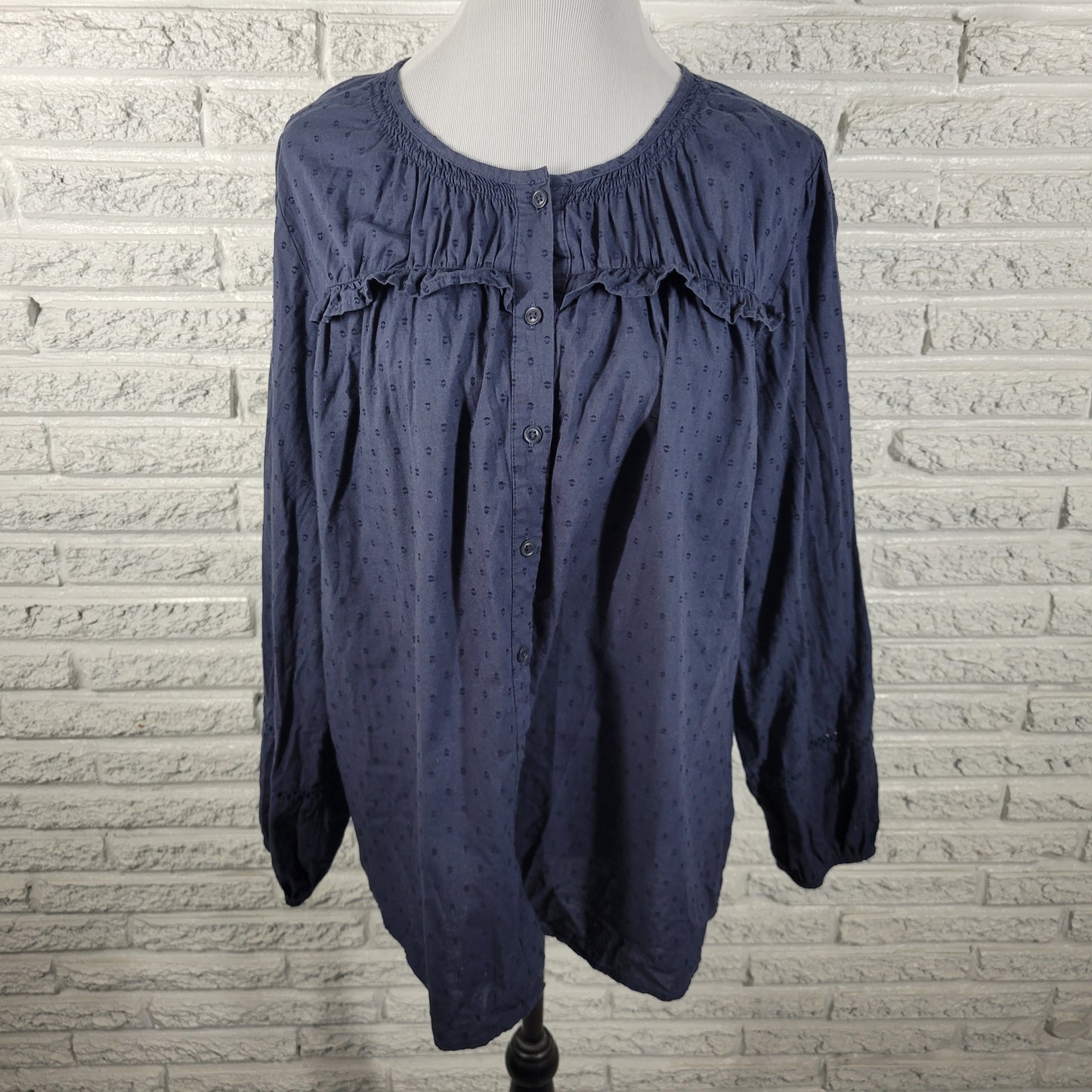 Lane Bryant Womens Plus Size 18 Blue Cotton Embroidered Button Up Blouse BLU16E
