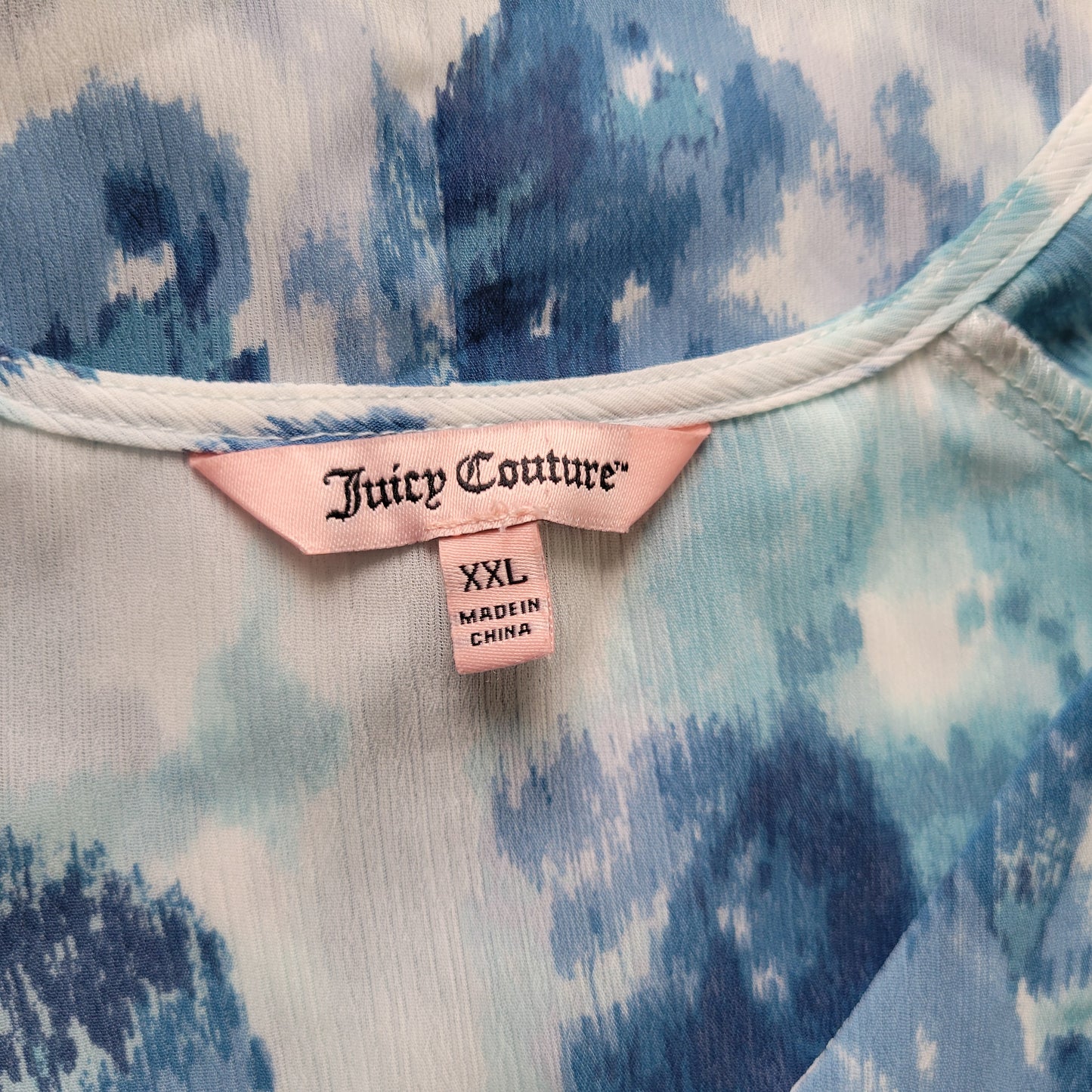 Juicy Couture Womens Top Blouse XXL Blue Watercolor Floral Split Sleeve FLO128XE