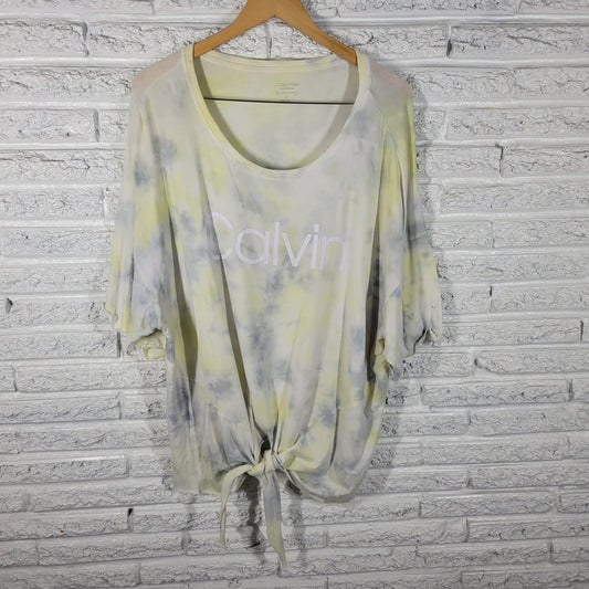Calvin Klein Womens 3X Plus Tee Pastel Yellow Tie Dye Short Front Tie B8E