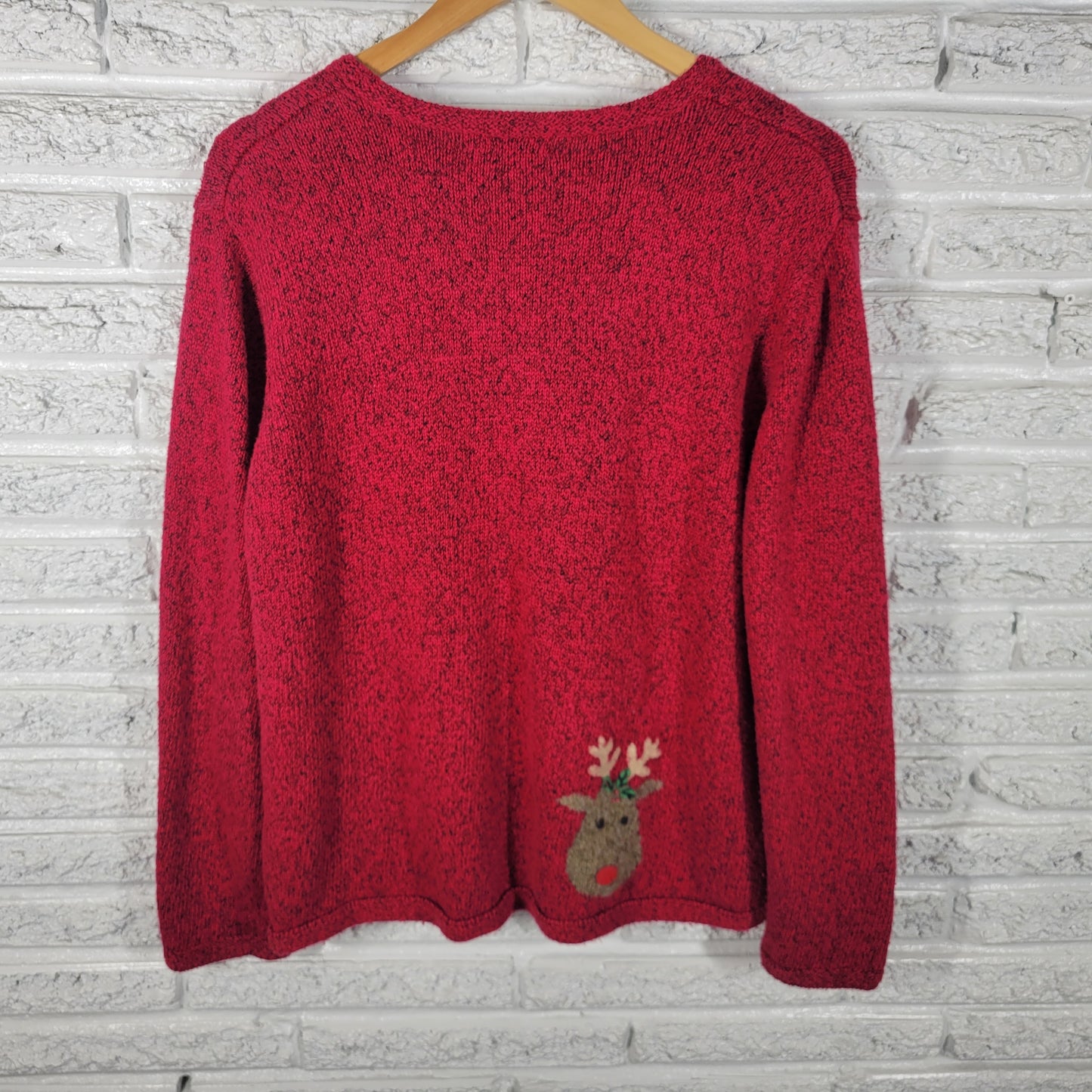 Northern Isles Vintage Christmas Sweater Red Reindeer Pocket Women XL SWE1E