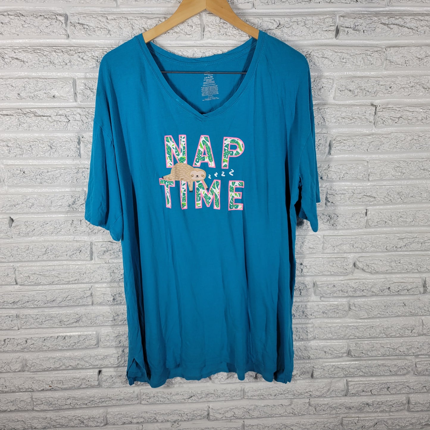 Secret Treasures Womens L XL Blue Cotton Jersey  Sloth Pajama Top Sleep NOV152E