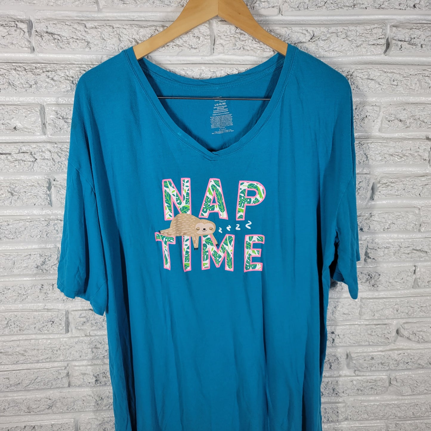 Secret Treasures Womens L XL Blue Cotton Jersey  Sloth Pajama Top Sleep NOV152E