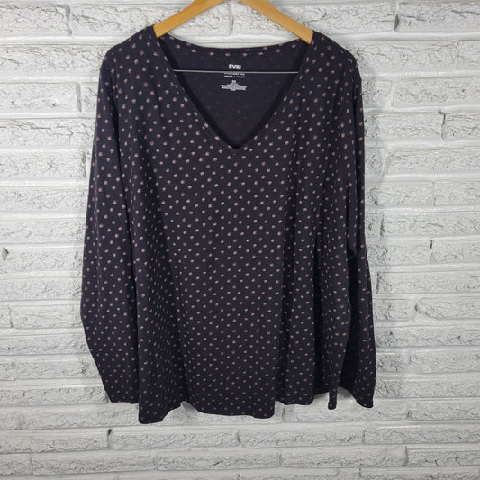 Evri Womens 3X Plus Black Pattern Long Sleeve V-Neck T-Shirt Top Cotton BLA118E
